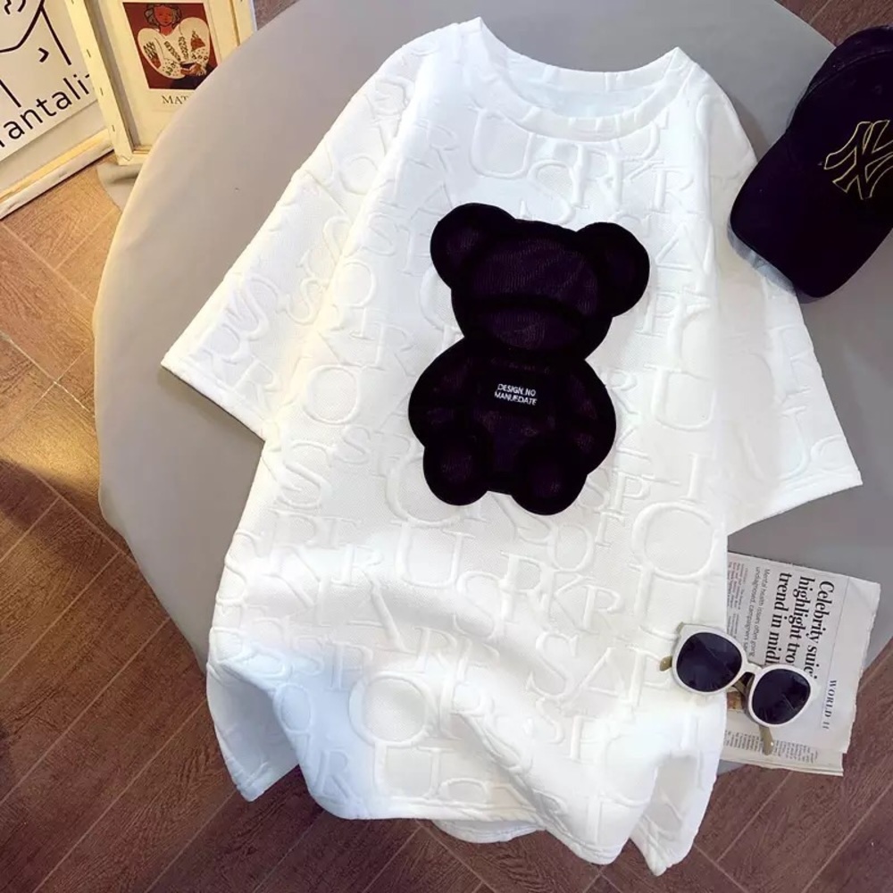 Bear tshirt harajuku womens cartoon white top print patch